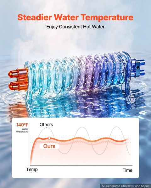 Steady water temperature diagram showcasing performance of Straight Up Zero Wait Tankless Electric Water Heater 240 Volt 18 Kilowatt.