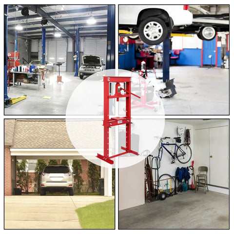12 Ton Hydraulic Shop Press With H Frame And Adjustable Table Height, Benchtop Metal Garage Floor Press With Plates, Red Finish Built For Bending, Straightening, And Stamping Projects For Real DIYers.