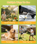 Four panels showing an Extendable Garden Water Wand With 29 To 43 Inch Reach used for watering, washing, pet bathing, and play.