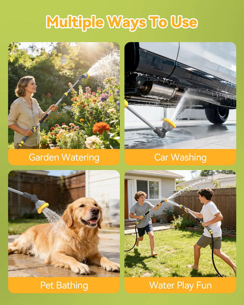 Four panels showing an Extendable Garden Water Wand With 29 To 43 Inch Reach used for watering, washing, pet bathing, and play.