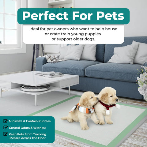 Heavy Duty Disposable Adult Bed Pads Super Absorbent Extra Large Incontinence And Pet Care No Sweat Worry Free Leak Seal Protection Top Shelf 50 Count Bundle For Stress Free Daily Living with puppies on white bed pad in cozy living room.