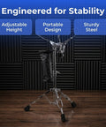 Killer Double Braced Snare Drum Stand With Stick Sleeve, Fast Height Tune Up From Sixteen To Twenty Two Inches, Heavy Duty Rubber Tripod Offers Beast Mode Stability For Garage Jams And Gig Nights, adjustable height and sturdy steel design.
