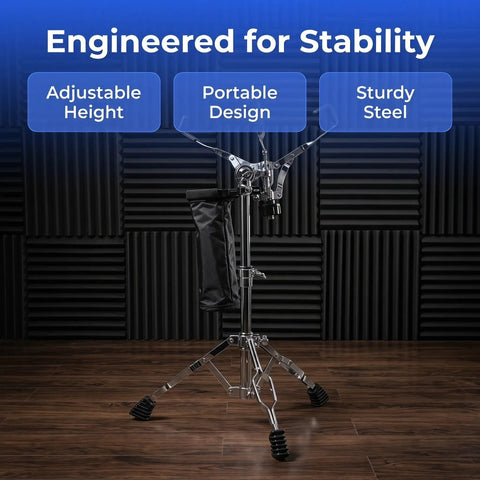 Killer Double Braced Snare Drum Stand With Stick Sleeve, Fast Height Tune Up From Sixteen To Twenty Two Inches, Heavy Duty Rubber Tripod Offers Beast Mode Stability For Garage Jams And Gig Nights, adjustable height and sturdy steel design.