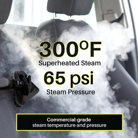 Pro Commercial Steam Cleaner 1800 Watt Steel Body Delivers Killer 305 Degree Vapor And Strong 70 Psi Force slicking 300°F steam into car upholstery.