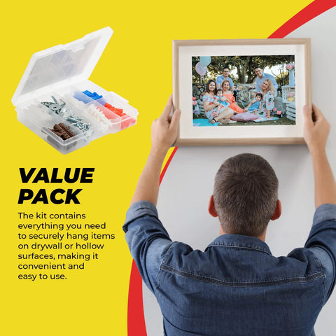 Person hanging a picture frame using Drywall And Hollow-Wall Anchor Assortment Kit With Screws, Wall Anchors, Hooks, And Hollow-Door Toggle Anchors In A Plastic Organizer Case For Light To Medium Support In Drywall And Masonry, alongside an open organizer displaying contents.