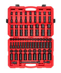 87-Piece Half Inch Drive Shallow And Deep 6-Point Impact Socket Set With Case For SAE And Metric Sizes in red carrying case