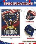 Lit 250th Anniversary USA Garden Flag With Solar LED Double Sided Patriotic Banner Celebrating 1776 2026 250 Years Of American Freedom 12 X 18 Inch Eagle Design For Independence Day Decor specifications with eagle graphic and stitching details.