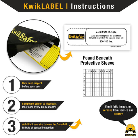 Inspection instructions for RATTLER 4 Pack Internal Shock Absorber 6Ft Safety Lanyard with OSHA ANSI compliance label.