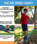 Boy balancing on Ultimate 70 Foot Slackline Kit With Training Line For Backyard Fun, highlighted features and benefits shown.
