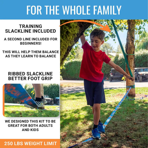Boy balancing on Ultimate 70 Foot Slackline Kit With Training Line For Backyard Fun, highlighted features and benefits shown.