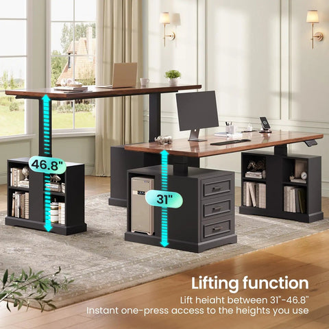 Farmhouse Electric Standing Desk With 63 Inch Long Workstation Height Adjustable Sit Stand Desk With 3 Drawers Storage Shelves