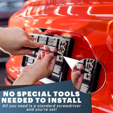 Installing Heavy Duty Stainless Steel License Plate Screws Rustproof Bolts with a screwdriver on a vehicle.