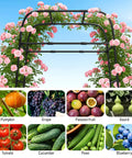 7ft Garden Arch Trellis For Climbing Plants Tough As Nails Heavy Duty Steel Outdoor Arbor covered with pink flowers, fruit images below