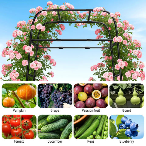 7ft Garden Arch Trellis For Climbing Plants Tough As Nails Heavy Duty Steel Outdoor Arbor covered with pink flowers, fruit images below