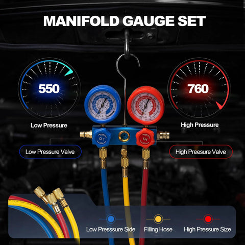 All In One HVAC Vacuum Pump Kit With One Third Horsepower Single Stage Rotary Vane Pump And Gauge Set For Auto And Home AC Systems Leak Detector Hoses And Essential Tools For Refrigeration manifold gauge set with blue red gauges and hoses