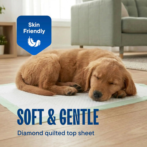 Super Absorbent Disposable Underpads 50 Pack 17 By 24 Inch Leak Proof Pee Pads For Dogs And Puppies on floor with sleeping puppy.