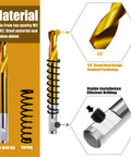 Five Pro Grade M2 HSS Pilot Drill Bits Titanium Coated Center Pins showing 115° round head design and spring for efficient drilling.