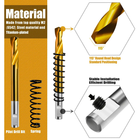 Five Pro Grade M2 HSS Pilot Drill Bits Titanium Coated Center Pins showing 115° round head design and spring for efficient drilling.