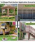 4x4 Post Anchor For Wet Concrete 14 Inch U Shape Fence Post Base With Hardware Kit Pro Grade Heavy Duty Ground Spike Bracket For Decks, image showing application scenarios for outdoor pergola, beachfront fencing, elevated decks, and mailbox emergency.