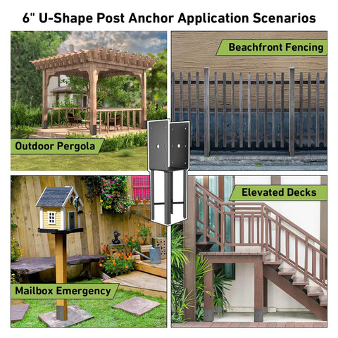 4x4 Post Anchor For Wet Concrete 14 Inch U Shape Fence Post Base With Hardware Kit Pro Grade Heavy Duty Ground Spike Bracket For Decks, image showing application scenarios for outdoor pergola, beachfront fencing, elevated decks, and mailbox emergency.