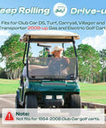 Green Club Car DS golf cart on a wooden bridge with trees, designed for 2009-up gas and electric models.