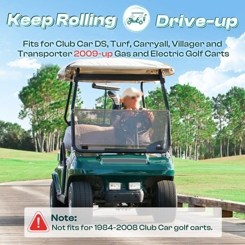 Green Club Car DS golf cart on a wooden bridge with trees, designed for 2009-up gas and electric models.