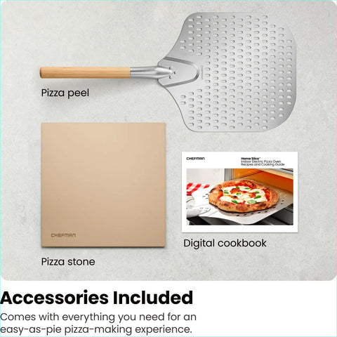 Pizza peel, stone, and digital cookbook for Indoor Pizza Oven That Makes 12 Inch Pizzas Fast, Reaches Up To 800 Degrees Fahrenheit.