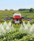 Workhorse Crop Sprayer Drone With 8 Gallon Payload spraying field with mist over crops, showcasing 26 to 33-foot spray width.