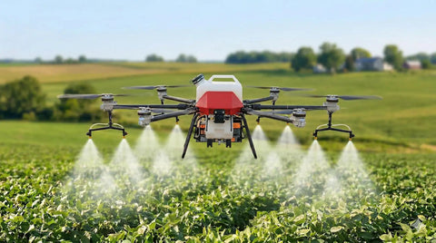 Workhorse Crop Sprayer Drone With 8 Gallon Payload spraying field with mist over crops, showcasing 26 to 33-foot spray width.