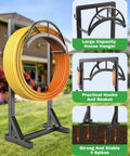 Heavy Duty Metal Garden Hose Holder And Hanger Freestanding Water Hose Storage Rack With Dual Tool Hooks in outdoor yard setup.