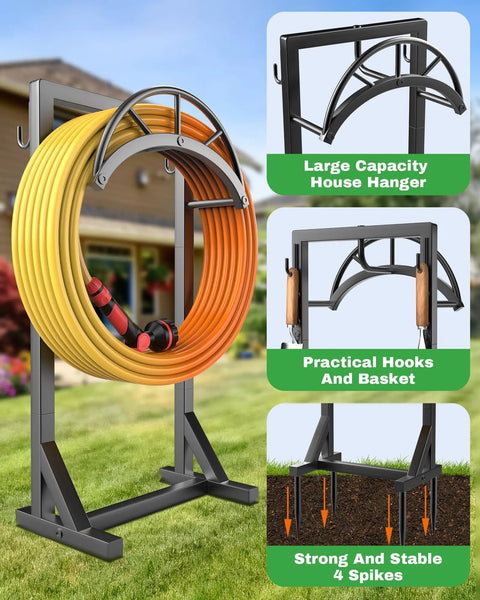 Heavy Duty Metal Garden Hose Holder And Hanger Freestanding Water Hose Storage Rack With Dual Tool Hooks in outdoor yard setup.