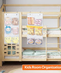 Two Pack Narrow Over The Door Shoe Organizer with clear mesh pockets holding toys and snacks, hanging on a bunk bed.
