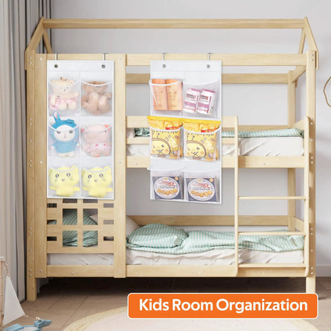Two Pack Narrow Over The Door Shoe Organizer with clear mesh pockets holding toys and snacks, hanging on a bunk bed.