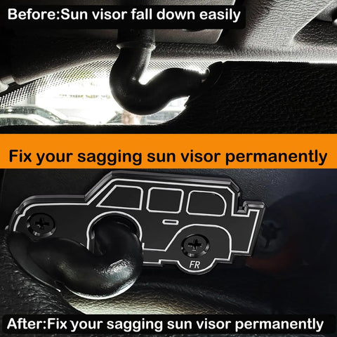Top Shelf Kickin Sun Visor Repair Kit For Jeep Wrangler JL JK And Gladiator Vehicles 2018 To 2023 showing before and after visor fix.