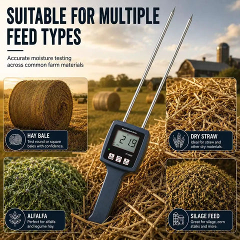 Portable Hay Moisture Meter With Probe Quick Accurate Digital Readout Today For Farms Keeps Hay In Check To Prevent Mold Spoilage And Quality Degradation. handheld digital meter with metal probe in hay