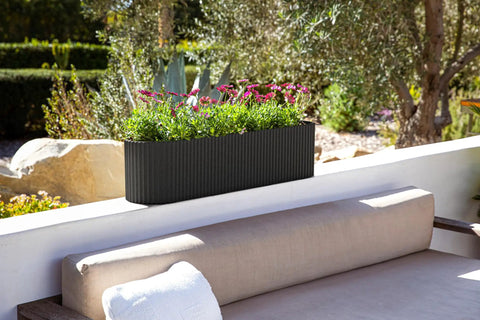 Long Window Box Planter For Balcony And Windowsill, Durable Plastic Stone Composite Outdoor Planter, installed on ledge