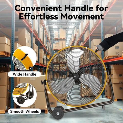 24 Inch Industrial Drum Fan With 8800 CFM High Velocity Air in warehouse, showing handle and wheels