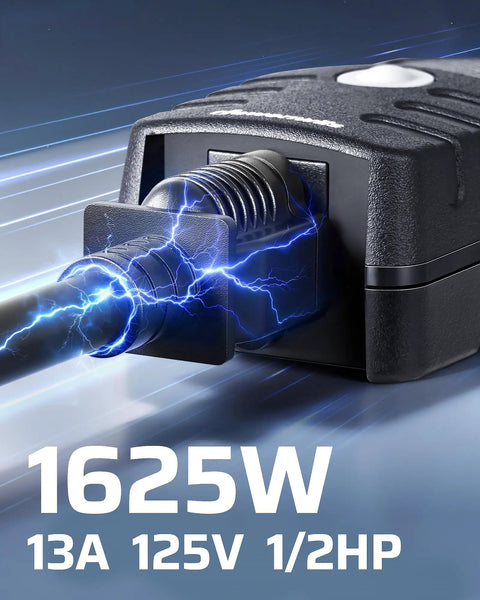 Close-up of Tough As Nails Outdoor Light Timer 2 Pack Weather Resistant 13 Amp UL Listed plug with electrical details.
