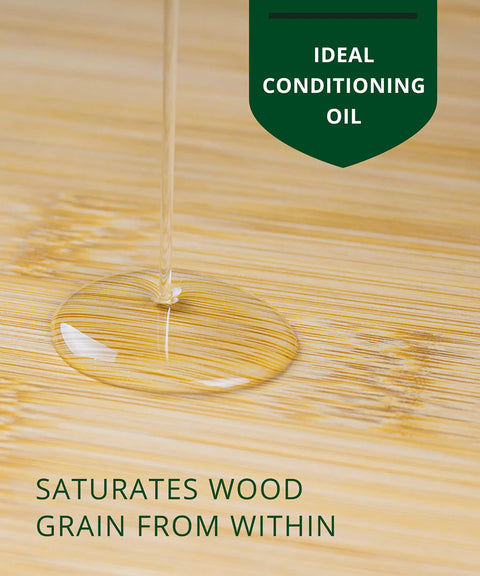 Food Grade Mineral Oil For Bamboo And Wooden Cutting Boards And Kitchen Utensils Nourishing Oil shown saturating wood surface