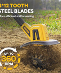 Close-up of 20V Cordless Garden Tiller Rototiller with 360 RPM showing steel blades in action on soil.