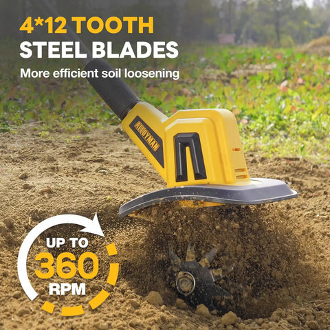 Close-up of 20V Cordless Garden Tiller Rototiller with 360 RPM showing steel blades in action on soil.
