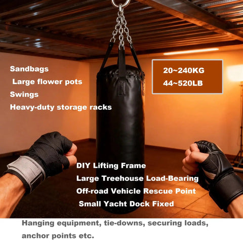 Hardcore Stainless Steel M8 Eyebolts 2 Inch Long Heavy Duty Lifting Screws With Lock Nuts And Washers used for secure hanging setup.