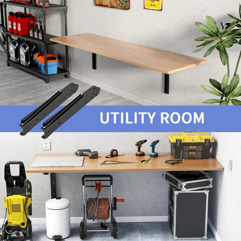 Heavy Duty 24 Inch Folding Shelf Bracket Rock Solid Black Steel Wall Mount used in utility room for tool storage and workspace.