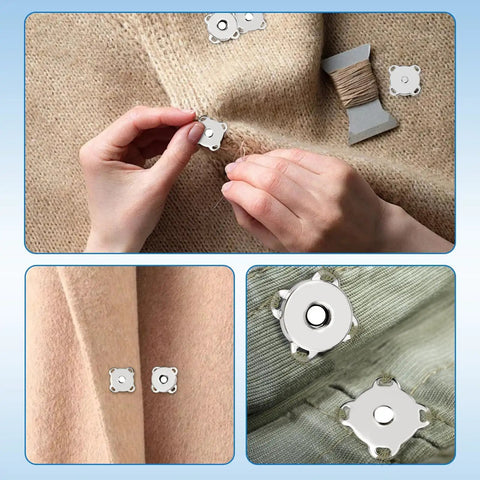 40 Sets Magnetic Snaps 14mm Silver Clasps Set For Purses And Totes, Fabric DIY Crafts, Sewing Supplies, Clothes And Leather Projects, Scrapbooking Closures, Durable Metal Button Closures shown being installed on fabric with close-up views.