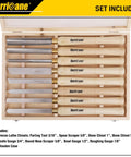 Top view of Pro Grade 8 Piece Wood Lathe Chisel Set With Wooden Box For Precision Cutting And Smooth Detailing In Woodworking Hurricane HSS Wood Turning Tools For Roughing, Shaping, Spindle Work And Fine Detailing in an open wooden case.