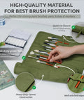 30 Slot Roll Up Paint Brush Holder, Premium Canvas Brush Organizer For Artists, Army Green, showing brushes stored inside