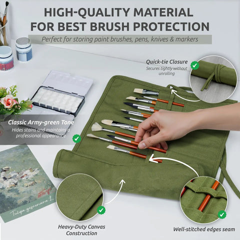 30 Slot Roll Up Paint Brush Holder, Premium Canvas Brush Organizer For Artists, Army Green, showing brushes stored inside