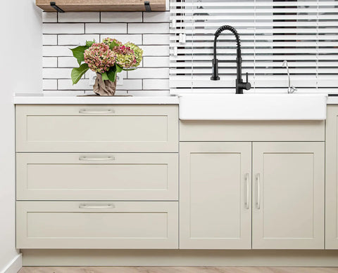 Dope Brushed Nickel Cabinet Handles Set, 7-1/4 Inch Curved Drawer Pulls With 5 Inch Center-To-Center on white cabinets