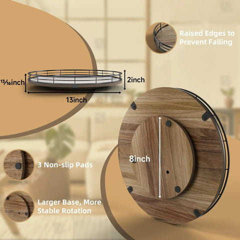 13 Inch Lazy Susan Turntable Made From Acacia Wood For Kitchen Cabinet And Tabletop Organization showing dimensions and non-slip pads.