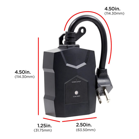 No Fuss Outdoor Dusk To Dawn Light Timer Featuring Dual Power Outlets And Integrated Photocell Sensor showing black housing with outlet.